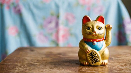 a golden maneki neko figurine sits on a wooden surface, its paw raised in a beckoning gesture, with a floral backdrop behind it.の素材