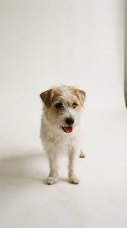 a cute jack russell terrier standing on a white background, looking directly at the camera with its tongue slightly sticking out its mouthの素材