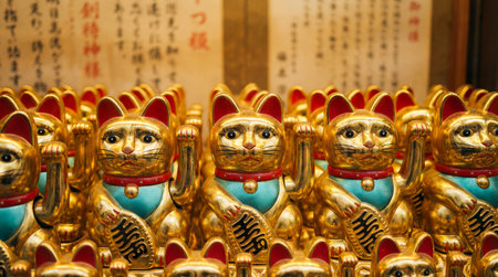 a captivating display of golden maneki neko cats, their raised paws beckoning good fortune in a japanese shop display case. So many lucky cats!の素材