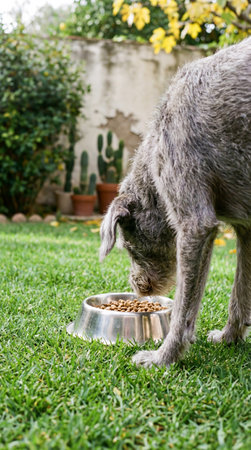 a gray dog is eating kibble from a metal bowl on green grass in an outdoor setting during the day with greenery in the background behind itの素材