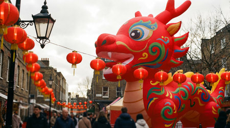 a vibrant street scene featuring a large inflatable red dragon and strings of red lanterns, celebrating Chinese new year with a bustling crowd.の素材
