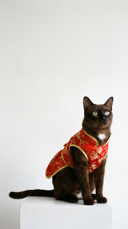 a brown cat with a white patch on its chest is wearing a red and gold chinese style jacket while sitting on a white surface looking forwardの素材