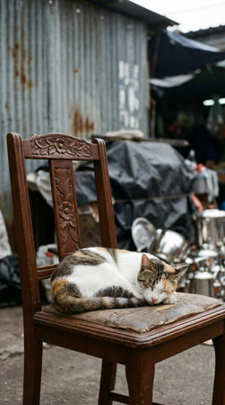 a calico cat is peacefully sleeping on a worn wooden chair outdoors, creating a cozy and tranquil scene with a rustic metal backdrop visible.の素材