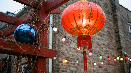 a vibrant red chinese lantern hangs near a blue gazing ball, with festive string lights illuminating the brick wall in the background billboards.の素材