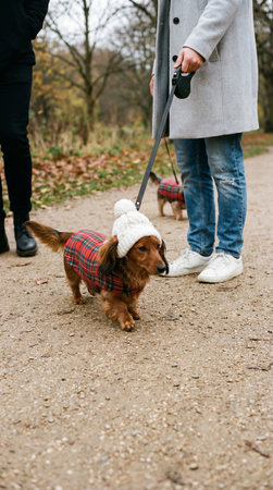 a dachshund in a plaid coat and white hat is being walked on a leash on a path outdoors with trees and a person holding the leashの素材