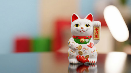 a close up shot of a white maneki neko cat figurine with a red collar and a gold coin on a reflective surface with a blurred backgroundの素材