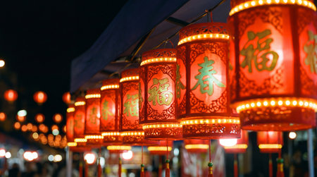 a row of illuminated red chinese lanterns with gold lettering are hanging at night, creating a festive atmosphere for a celebration eventの素材