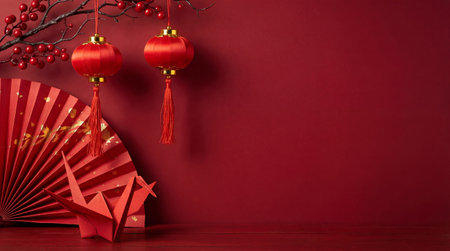 a still life featuring red chinese lanterns, a fan, origami bird, and berry branches against a red backdrop creating a festive atmosphereの素材