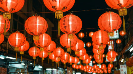 a vibrant display of red Chinese lanterns illuminating a street at night, creating a festive and culturally rich atmosphere with bright lightsの素材