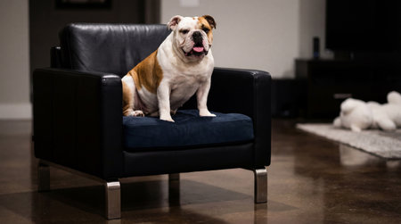 a bulldog sits on a black chair with a blue cushion. the dog is indoors in a living room setting, with a table and rug visible in the backgroundの素材