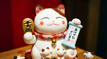 a charming maneki neko figurine with a scroll and a gold ingot, symbolizing good fortune and prosperity, set against a vibrant backdropの素材