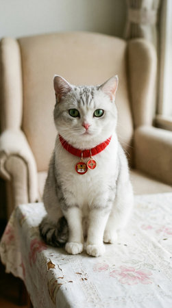 a silver tabby cat with green eyes is sitting on a table with a red collar and charms in front of a chair in an indoor settingの素材