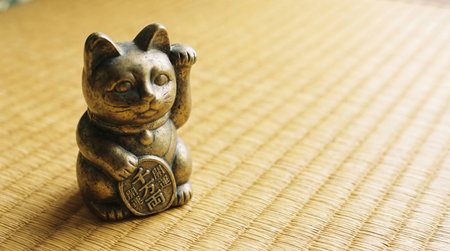 a bronze maneki neko figurine sits on a tatami mat, beckoning good fortune with its raised paw and holding a coin, symbolizing wealth and prosperityの素材