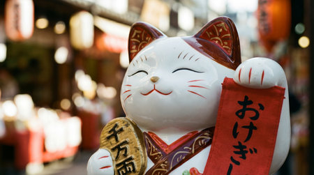 Close up of a maneki neko cat statue, holding a coin and a red banner, set against a blurred background, symbolizing good fortune and prosperity.の素材