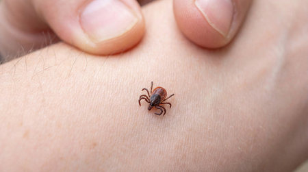 a close up shot shows a tick on human skin with fingers in the background, highlighting the importance of tick prevention and health awarenessの素材