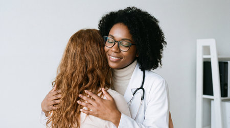 a doctor in a white coat is hugging a patient. the doctor is smiling and the patient is being embraced with care in a bright office setting.の素材