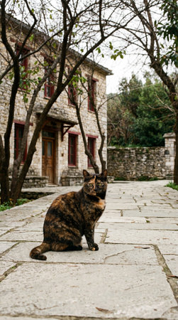 a tortoiseshell cat sits on a stone path in front of a stone building with trees. the scene evokes a sense of rustic charm and tranquility.の素材