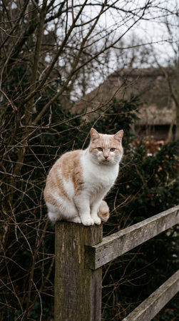 A cream and white cat sits on a weathered wooden fence post. The scene is outdoors with trees in the background, creating a natural setting.の素材