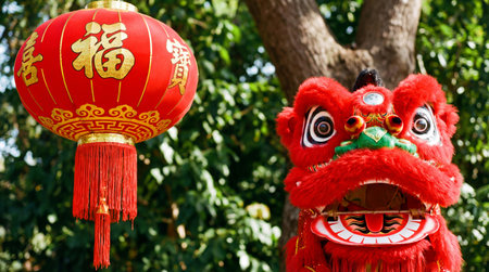 a bright red chinese lantern hangs next to a red lion dance costume, set against a lush green background, capturing a cultural celebrationの素材