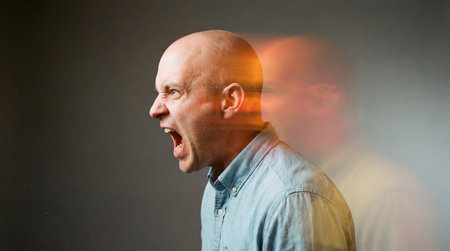 a bald man with an open mouth is screaming in profile. there is an orange light behind his head, and he is wearing a blue shirt on a gray backgroundの素材
