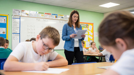 a teacher is supervising students working at their desks in a classroom with math problems written on the whiteboard during an exam at schoolの素材