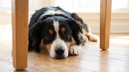 a bernese mountain dog is laying down under a wooden table on a light wooden floor with a bright window in the background looking at the cameraの素材