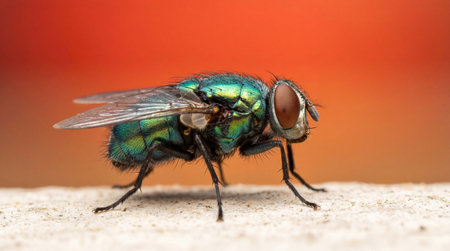 a detailed macro shot showcases a green bottle fly standing on a white surface, set against a blurred red background, highlighting its features.の素材