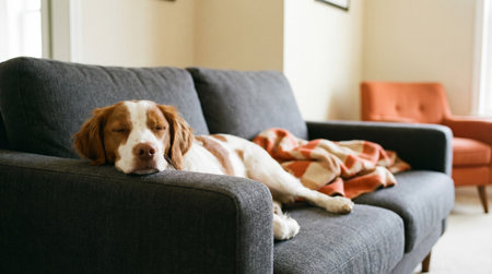 a brittany spaniel is sleeping soundly on a gray couch with a plaid blanket in a brightly lit living room, looking very relaxed and comfortableの素材