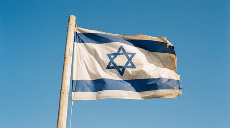 a worn Israeli flag flutters in the wind against a bright blue sky, mounted on a wooden pole, symbolizing national pride and identity.の素材