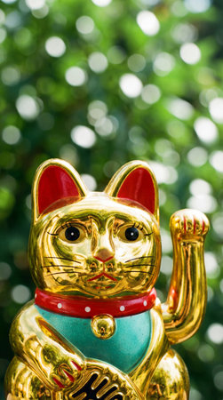 a shiny golden maneki neko cat with red accents stands against a blurred green background, symbolizing luck and wealth in Asian cultureの素材