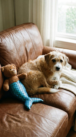 a cute dog is resting on a brown leather couch next to a teddy bear mermaid in a bright and cozy living room with a window and a blanketの素材