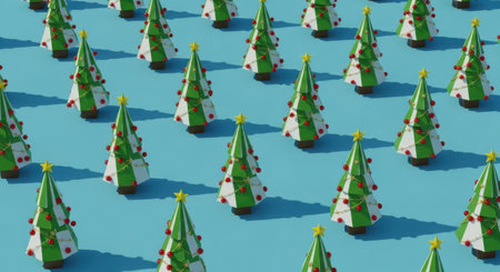 A cheerful and festive pattern of small, decorated Christmas trees arranged in rows on a vibrant blue surface, creating a playful holiday theme.の素材