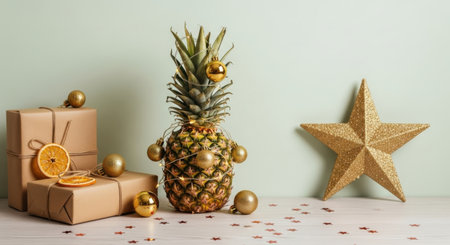 A festive still life featuring a pineapple decorated like a Christmas tree with golden baubles, next to wrapped gifts, a large gold star, and confetti on a mint background.の素材