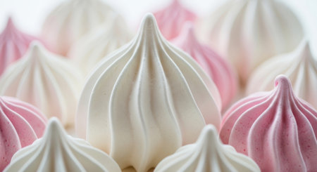 A macro shot of freshly baked meringue cookies. The delicate swirls of pink and white create a beautiful pattern. The background is soft and out of focus, highlighting the treats.の素材