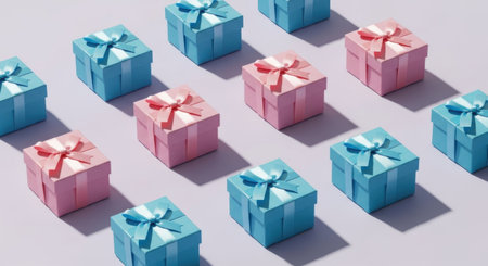 A repeating pattern of small, square gift boxes in alternating pink and blue colors, each tied with a ribbon. The boxes are arranged diagonally on a plain, light purple surface, casting soft shadows.の素材