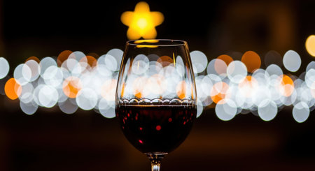Close up of a wineglass filled with red wine. The background is dark with a beautiful out of focus bokeh effect of white and orange lights and a star shape.の素材