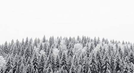 A beautiful and minimalist winter scene showing the tops of a dense evergreen forest completely covered in a thick layer of fresh white snow against a stark white sky.の素材