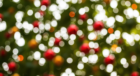 A festive and blurry background of Christmas tree lights and ornaments, creating a warm and magical bokeh effect.の素材