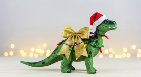 A green T-Rex toy figurine is ready for the holidays wearing a red Santa hat a large gold bow and a string of festive lights against a background of soft bokeh lights.の素材