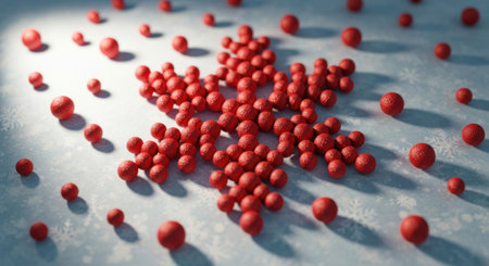 A conceptual 3D illustration showing numerous red spheres coalescing into a central star-like structure, symbolizing concepts like networks, viruses, or molecular bonds.の素材