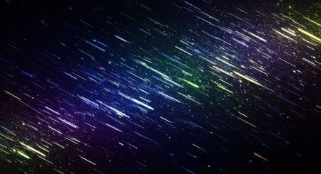 A vibrant abstract background featuring numerous colorful light streaks and particles, creating a sense of motion and energy against a dark backdrop. The streaks vary in color, including blue, purple, green, and yellow, suggesting a futuristic or digital aesthetic.の素材