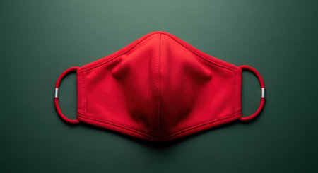 A single red cloth mask, isolated on a deep green surface, highlights its texture and shape.の素材
