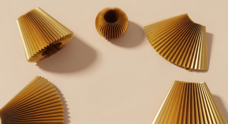 A top-down view of several golden, pleated paper objects arranged on a light surface, casting distinct shadows. The forms are reminiscent of fans or folded lampshades, creating a visually appealing abstract composition with a focus on texture and light.の素材