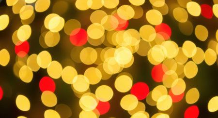 A festive abstract background featuring blurred Christmas lights with a bokeh effect, showcasing golden and red colors for a warm holiday ambiance.の素材