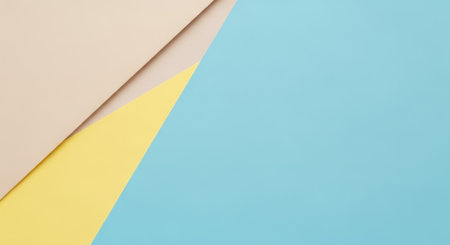 A minimalist and modern abstract background featuring a geometric composition of pastel-colored papers. The design includes diagonal lines creating distinct sections of light blue, yellow, and beige, offering a clean and elegant aesthetic.の素材