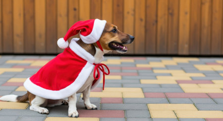 A cute brown and white dog dressed in a festive red Santa hat and cape sits patiently on a colorful tiled patio with a wooden wall in the background.の素材