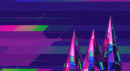 A vibrant abstract image featuring geometric shapes, glitch effects, and a bold color palette of purples, pinks, and greens, creating a dynamic and modern aesthetic.の素材