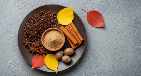 Overhead shot of a plate with autumn spices like cinnamon sticks, nutmeg, star anise, and brown sugar, decorated with colorful fall leaves.の素材