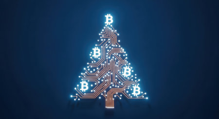 A festive and modern take on a Christmas tree, constructed from a circuit board pattern and adorned with glowing Bitcoin symbols and small, bright lights, set against a deep blue background.の素材