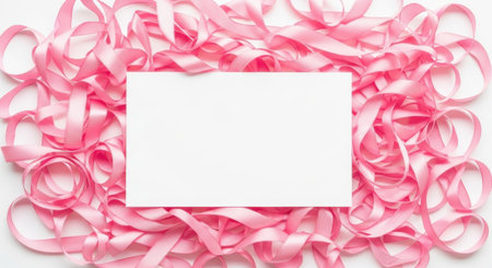 A blank white card is centered on a white background, framed by a border of curly pink ribbons.の素材